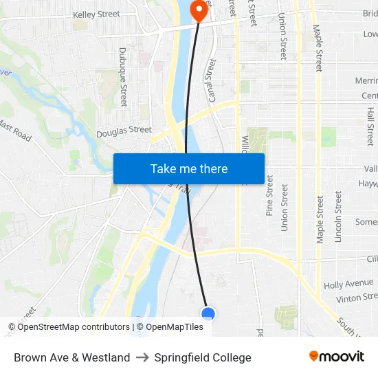 Brown Ave & Westland to Springfield College map