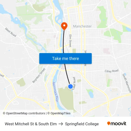 West Mitchell St & South Elm to Springfield College map