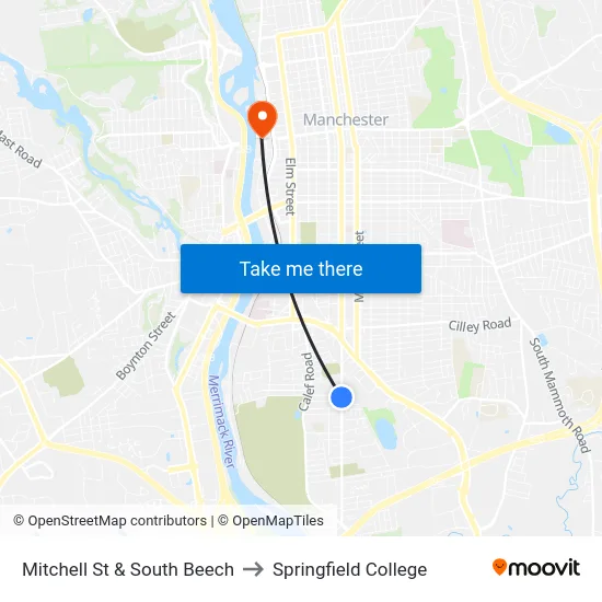 Mitchell St & South Beech to Springfield College map