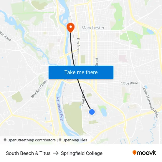 South Beech & Titus to Springfield College map