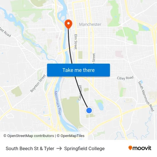 South Beech St & Tyler to Springfield College map