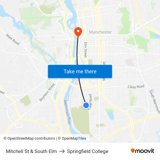 Mitchell St & South Elm to Springfield College map