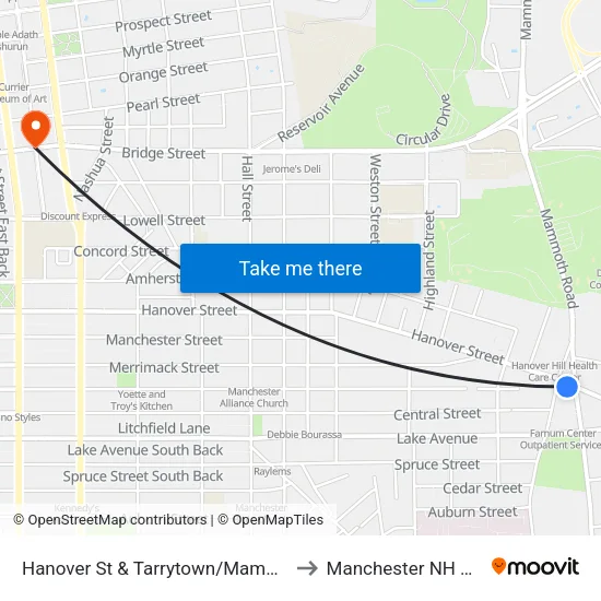 Hanover St & Tarrytown/Mammoth to Manchester NH USA map