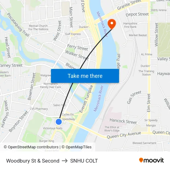 Woodbury St & Second to SNHU COLT map