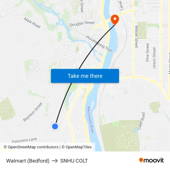 Walmart (Bedford) to SNHU COLT map