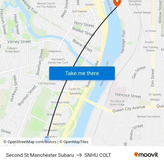 Second St  Manchester Subaru to SNHU COLT map