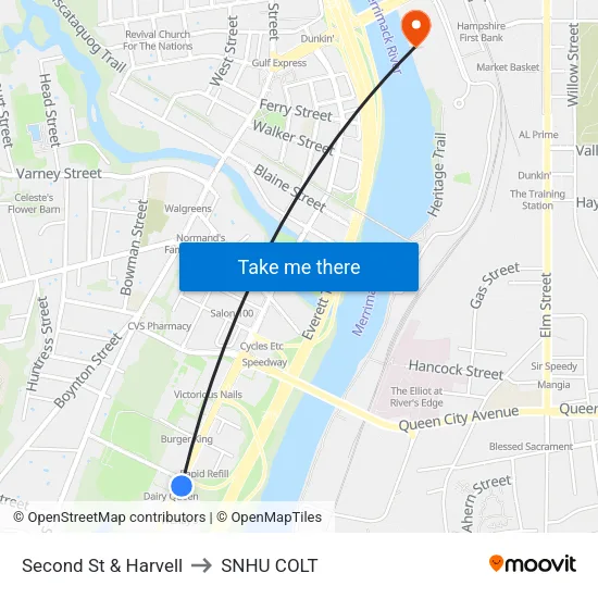 Second St & Harvell to SNHU COLT map
