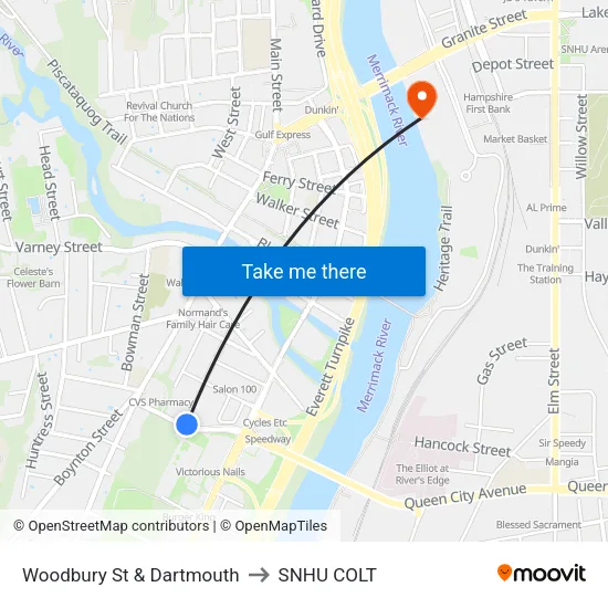 Woodbury St & Dartmouth to SNHU COLT map
