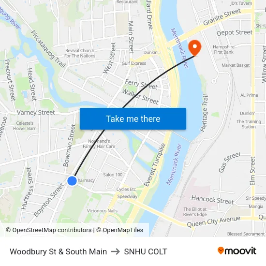 Woodbury St & South Main to SNHU COLT map