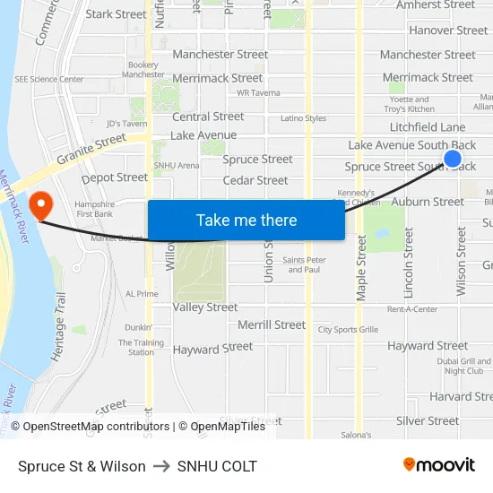Spruce St & Wilson to SNHU COLT map