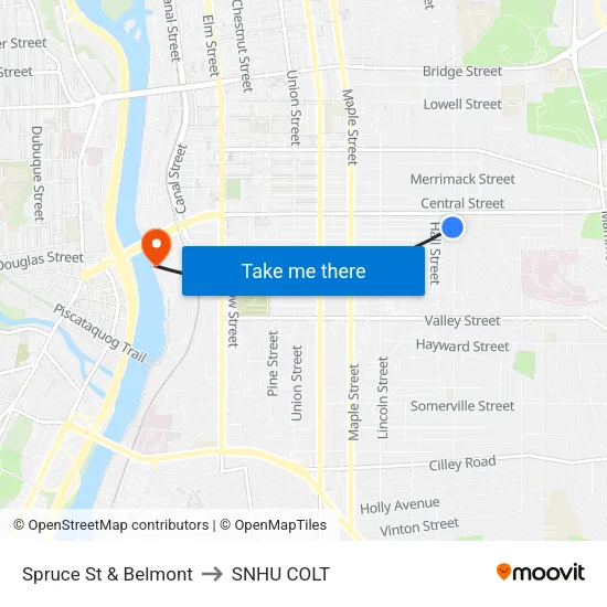 Spruce St & Belmont to SNHU COLT map