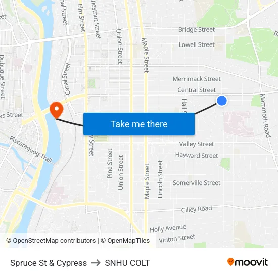 Spruce St & Cypress to SNHU COLT map