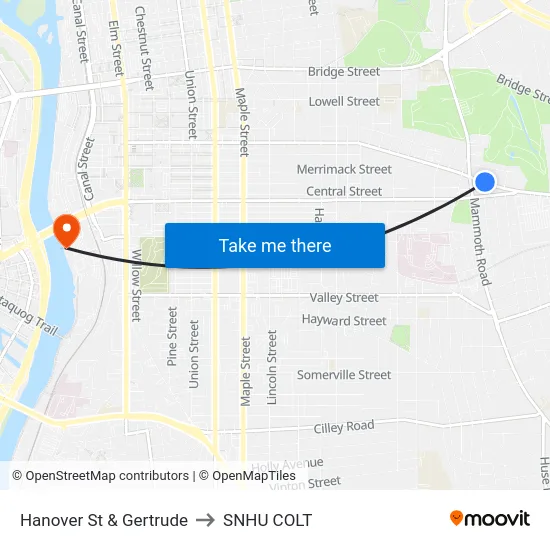 Hanover St & Gertrude to SNHU COLT map
