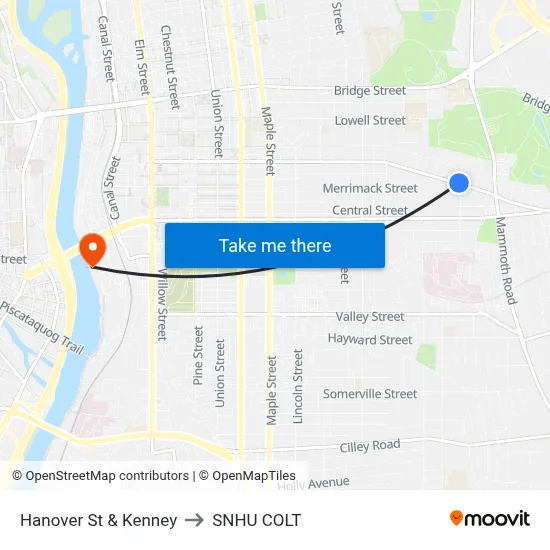 Hanover St & Kenney to SNHU COLT map