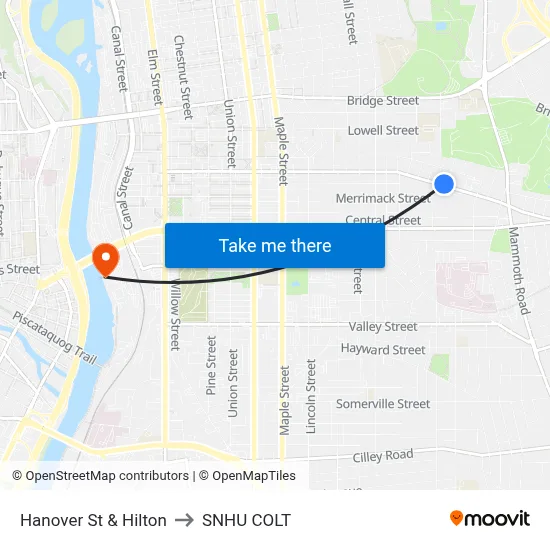 Hanover St & Hilton to SNHU COLT map