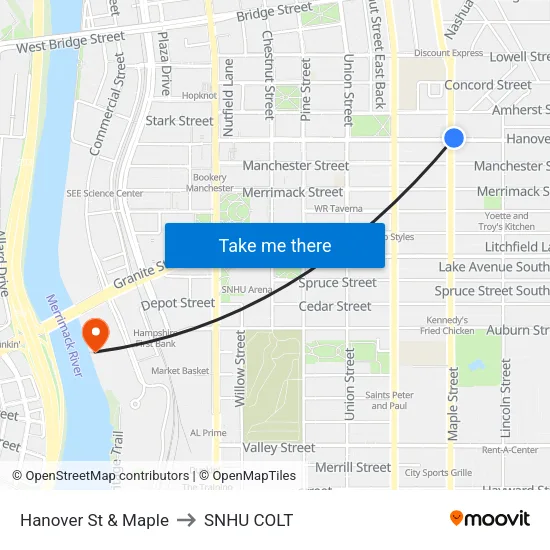 Hanover St & Maple to SNHU COLT map