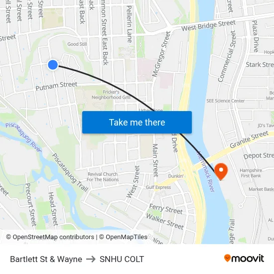 Bartlett St & Wayne to SNHU COLT map