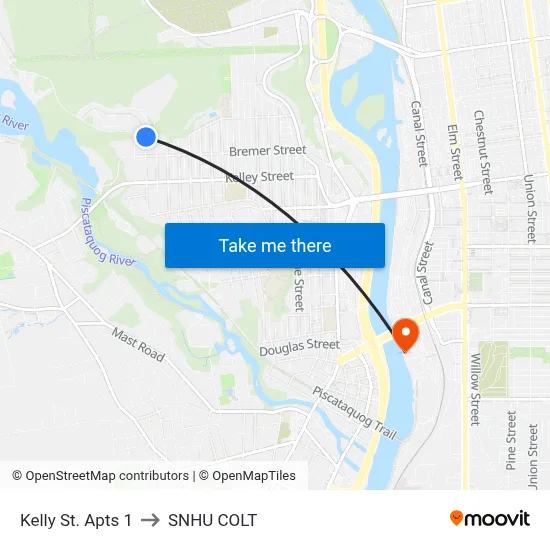 Kelly St. Apts 1 to SNHU COLT map