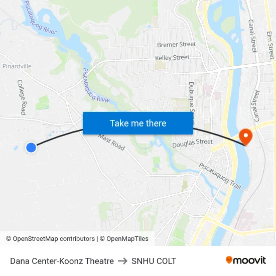 Dana Center-Koonz Theatre to SNHU COLT map