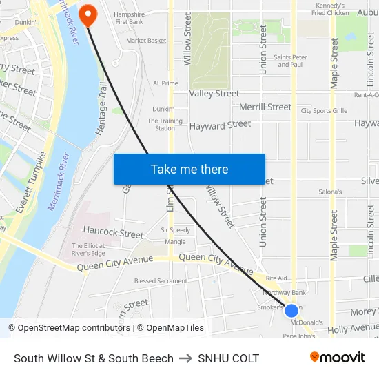 South Willow St & South Beech to SNHU COLT map