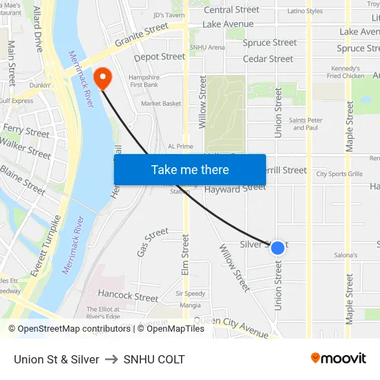 Union St & Silver to SNHU COLT map