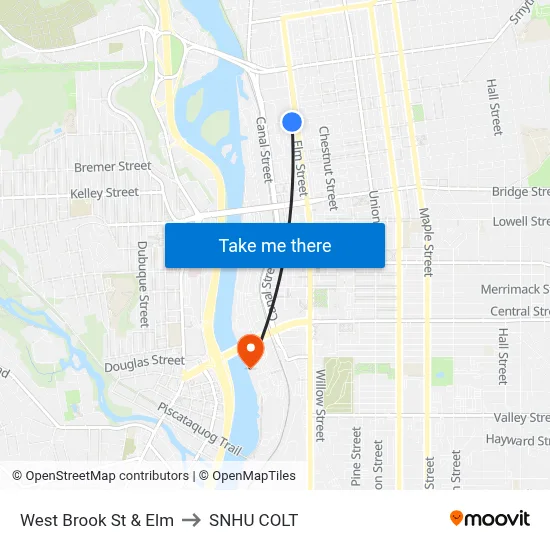 West Brook St & Elm to SNHU COLT map