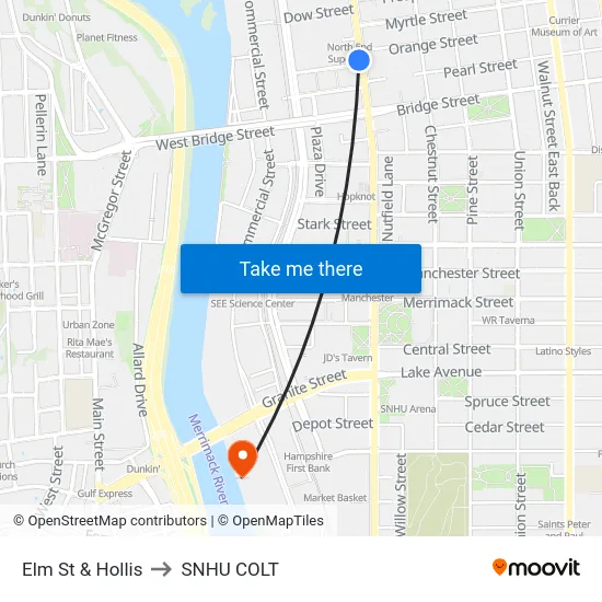 Elm St & Hollis to SNHU COLT map
