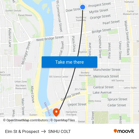 Elm St & Prospect to SNHU COLT map
