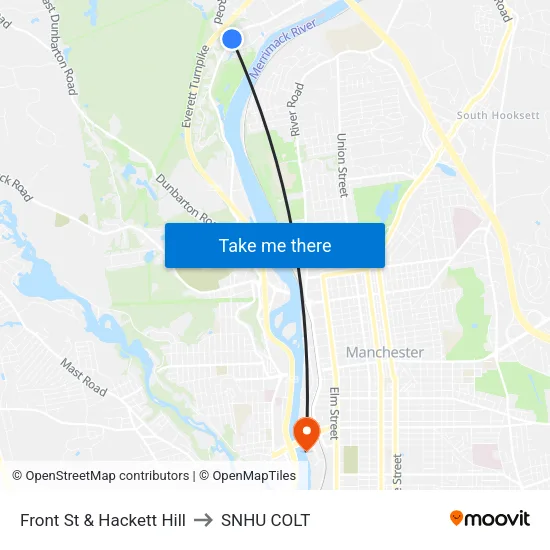 Front St & Hackett Hill to SNHU COLT map