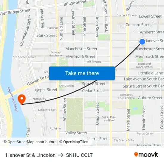 Hanover St & Lincolon to SNHU COLT map