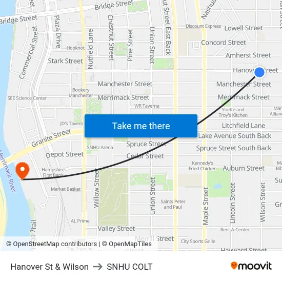 Hanover St & Wilson to SNHU COLT map