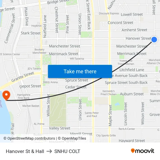 Hanover St & Hall to SNHU COLT map