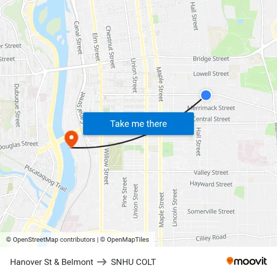 Hanover St & Belmont to SNHU COLT map