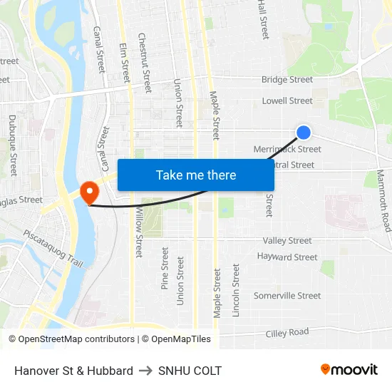 Hanover St & Hubbard to SNHU COLT map