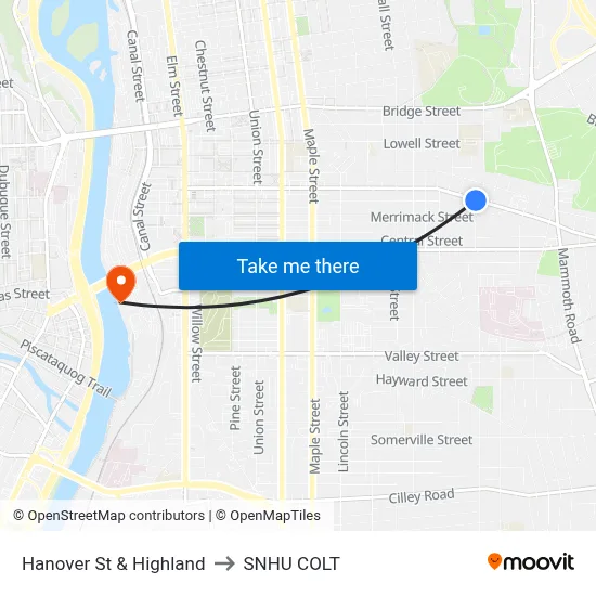 Hanover St & Highland to SNHU COLT map