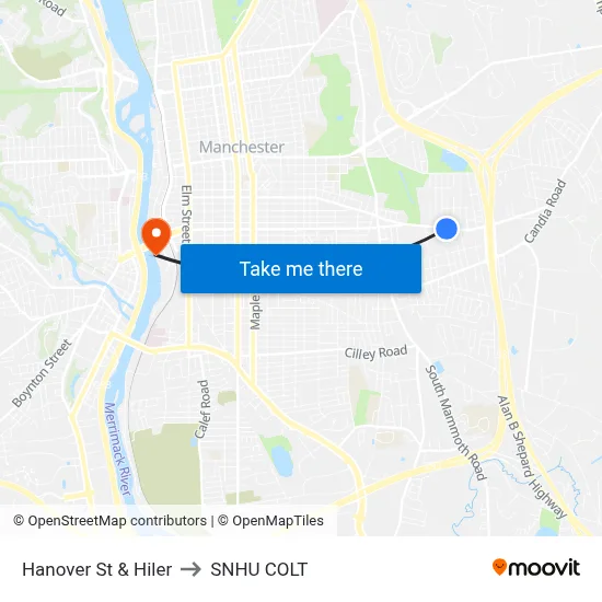 Hanover St & Hiler to SNHU COLT map