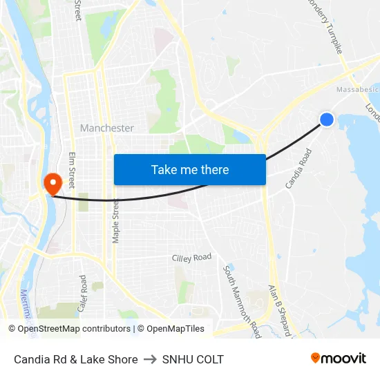 Candia Rd & Lake Shore to SNHU COLT map