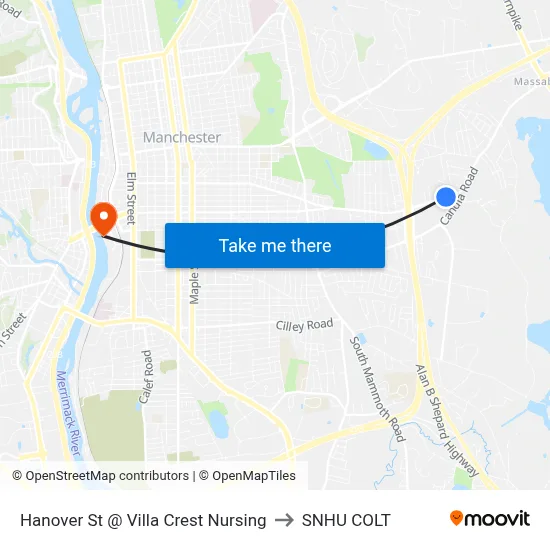 Hanover St @ Villa Crest Nursing to SNHU COLT map