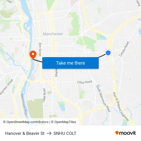 Hanover & Beaver St to SNHU COLT map
