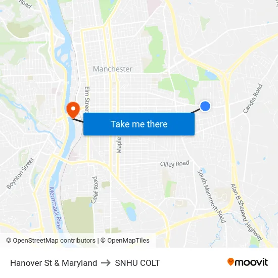 Hanover St & Maryland to SNHU COLT map