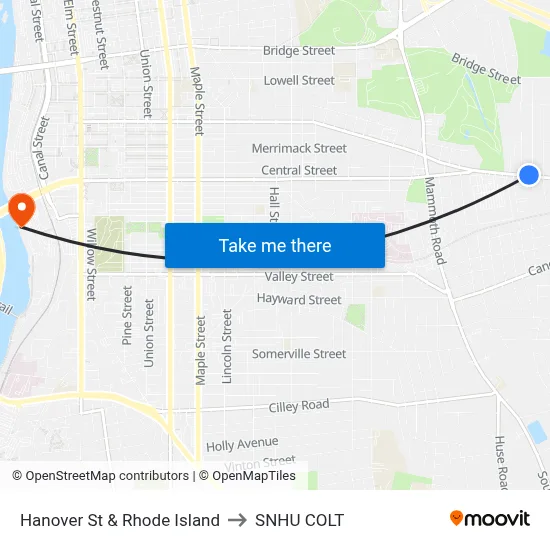 Hanover St & Rhode Island to SNHU COLT map