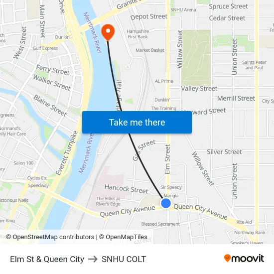 Elm St & Queen City to SNHU COLT map