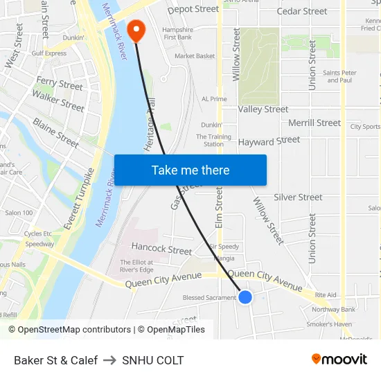 Baker St & Calef to SNHU COLT map