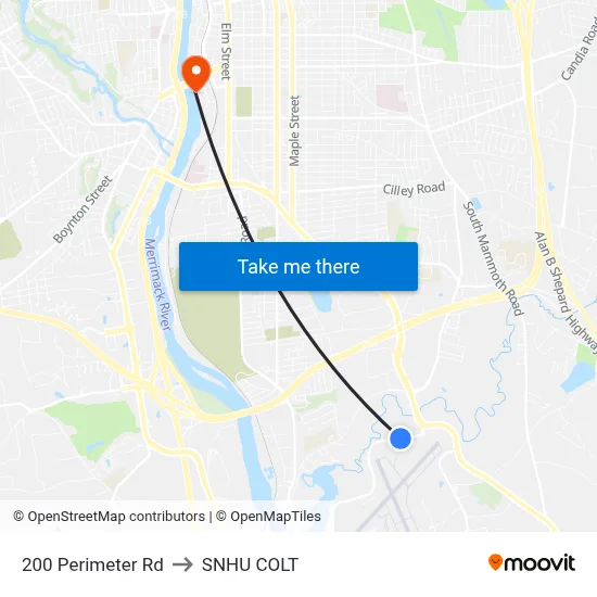 200 Perimeter Rd to SNHU COLT map