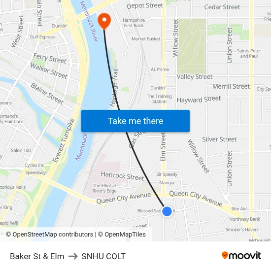 Baker St & Elm to SNHU COLT map