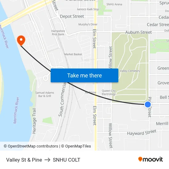 Valley St & Pine to SNHU COLT map
