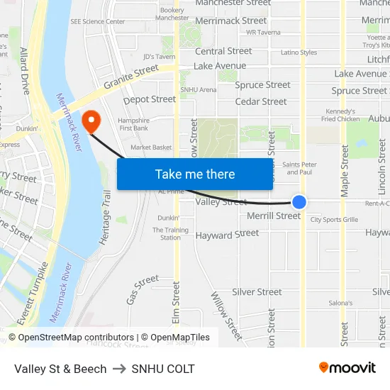Valley St & Beech to SNHU COLT map