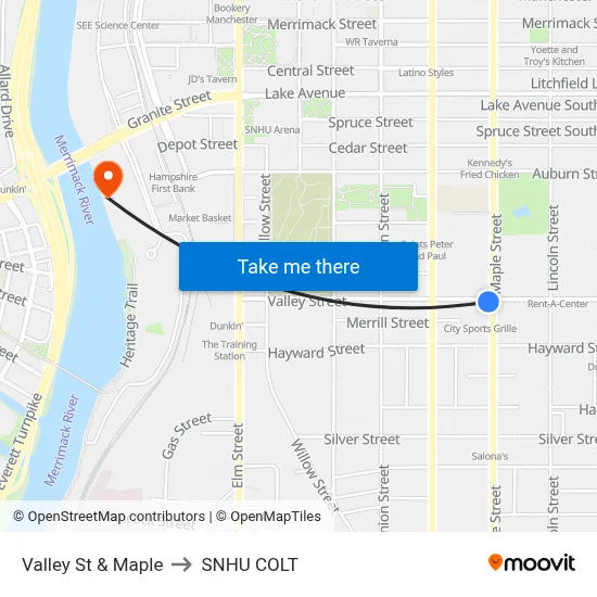 Valley St & Maple to SNHU COLT map