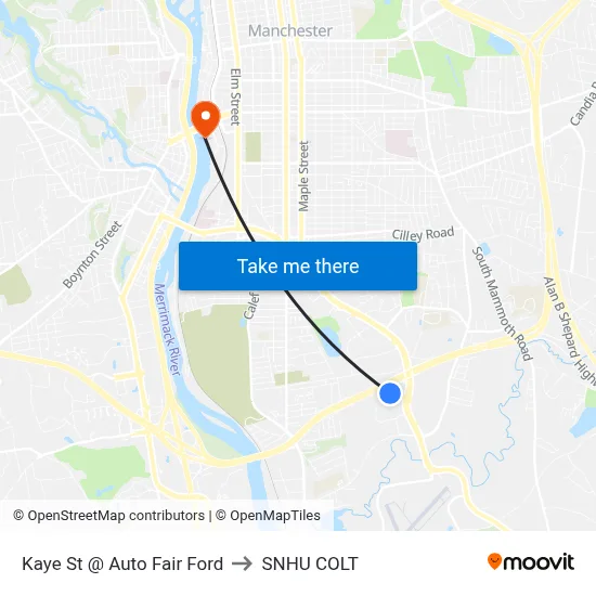 Kaye St @ Auto Fair Ford to SNHU COLT map