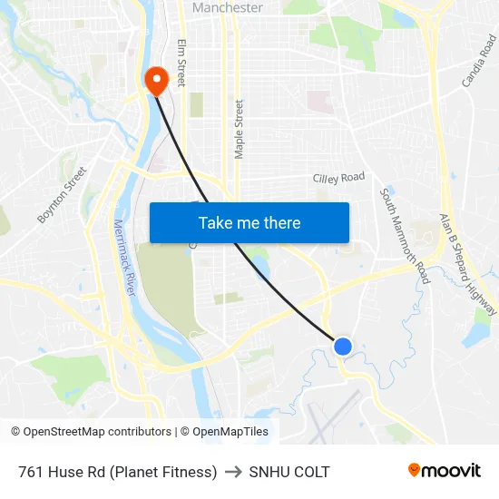 761 Huse Rd (Planet Fitness) to SNHU COLT map